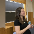 Robin Hopkins is welcoming the speakers, David Des Marais and Meghan Blumstein, before the talk
